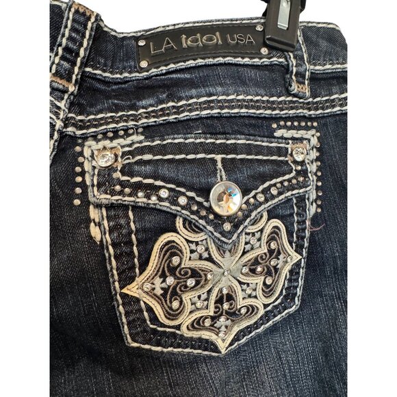 LA Idol USA Womens Embellished capri Jeans Size 9 Mid Rise Rhinestone Pockets Co - Picture 5 of 9
